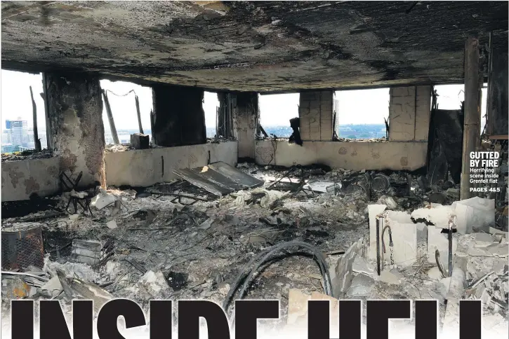  ??  ?? GUTTED BY FIRE Horrifying scene inside Grenfell flat