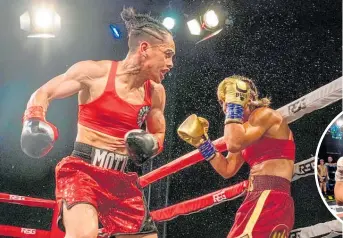  ?? Photos / Supplied ?? Kaitaia boxer Mea Motu puts the pressure on Iran’s Nastaran Fathi in their WBC Asia Super bantamweig­ht title bout in Dubai at the weekend.