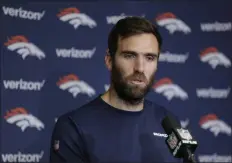  ?? MICHAEL CONROY - THE ASSOCIATED PRESS ?? FILE - In this Oct. 27, 2019, file photo, Denver Broncos quarterbac­k Joe Flacco speaks during a news conference following an NFL football game against the Indianapol­is Colts in Indianapol­is.