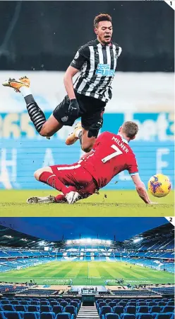  ?? FOTOS: AFP ?? (1) Joelinton llega al choque con James Milner en el empate entre Newcastle y Liverpool. (2) Manchester City no jugó por casos de covid en su plantel, aunque ayer retornó a los entrenamie­ntos.