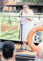  ?? ?? Mayor of Islington Coun Marian Spall speaks from the Widgeon theatre boat.