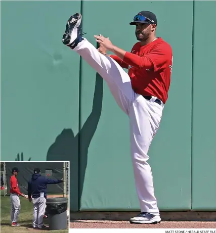  ?? TOM KEEGAN / BOSTON HERALD MATT STONE / HERALD STAFF FILE ?? DELAYED START: Prospect Chih-Jung Liu (left) had his first workout Friday after spending most of his first eight days with the team in a hotel.
LOOSENING UP: J.D. Martinez stretches before Thursday’s game and hit his first spring training home run with the Red Sox on Friday.