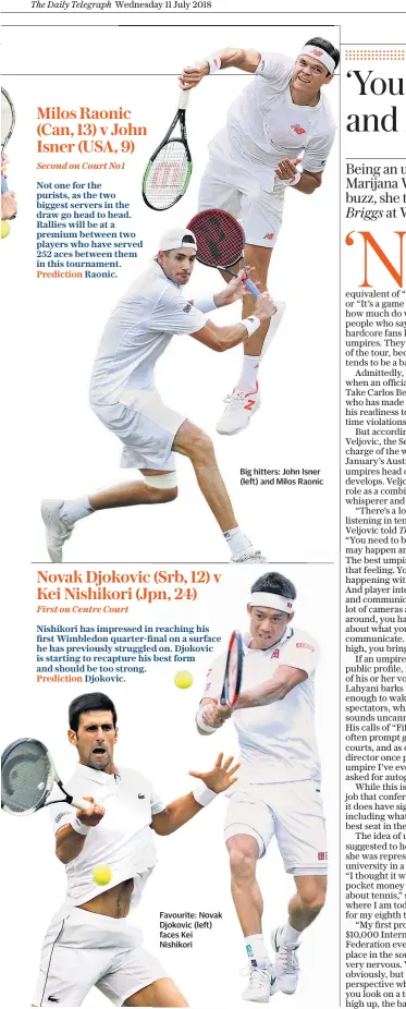  ??  ?? Favourite: Novak Djokovic (left) faces Kei Nishikori Big hitters: John Isner (left) and Milos Raonic