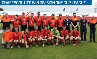  ??  ?? Chaffpool Utd players and coaches with their medals and trophy.