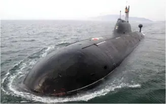  ??  ?? INS Chakra, the Indian Navy’s nuclear-powered attack submarine, on long lease from Russia
