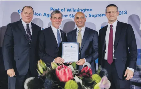  ??  ?? Gulftainer­From left, Peter Richards, CEO of Gulftainer, Delaware governor John Carney, Yousef Al Otaiba, UAE Ambassador to the US and Badr Jafar, chairman of Gulftainer, following the signing of the agreement yesterday