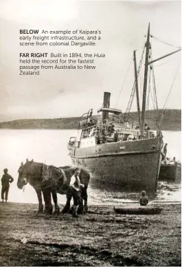  ??  ?? BELOW An example of Kaipara’s early freight infrastruc­ture, and a scene from colonial Dargaville.