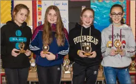  ?? Photos by John Kelliher ?? Angharad Cudlipp, Aoibhínn Harte, Liara Moriarty and Saoirse Dillon proudly bearing their sporting trophies at the Community Games Awards in Duagh.