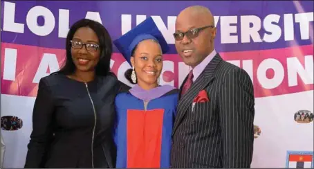  ??  ?? Miss Chidera Anachebe, who recently bagged first class in Law at Afe Babalola University (ABUAD) flanked by her parents Mr. and Mrs. AB Anachebe SAN