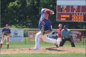  ?? AUSTIN HERTZOG - MEDIANEWS GROUP ?? Boyertown’s Nolan Kline delivers a pitch against Souderton during the Pa. Region 2 tournament at Boyertown on July 21.