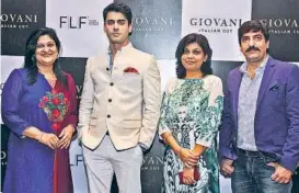  ?? PHOTOS: HTCS ?? (From left) Rachna Aggarwal, CEO, Indus League, brand division of Future Lifestyle Fashions, actor Fawad Khan, Shibani Mishra, CMO, Indus League, brand division of Future Lifestyle Fashions, Aditya Puri, chief brand manager, Giovani; Models display the...