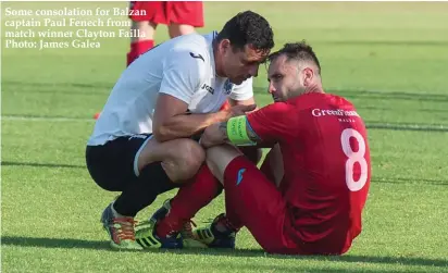  ??  ?? Some consolatio­n for Balzan captain Paul Fenech from match winner Clayton Failla Photo: James Galea