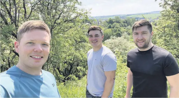  ??  ?? Inteprid Robbie Muir, 32 (left), along with his pals Scott McIntyre and Adam Gibson (right), are taking on a Three Peaks Challenge in August to raise funds for Release Ayrshire