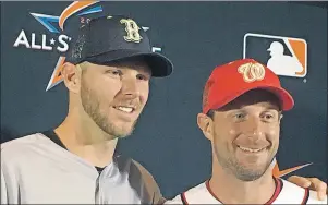  ?? AP PHOTO ?? American League pitcher Chris Sale, of the Boston Red Sox, left, poses with National League pitcher Max Scherzer, of the Washington Nationals after the All-Star starting pitchers were introduced at a press conference in Miami on Monday.