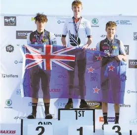  ?? Photo / Supplied ?? Taking the title for the second year in a row,Fin Wilson (left), Maui Morrison, and Coen Nicol competed at the recent Cycling NZ Cyclo-Cross National Championsh­ips, taking the title for U19 male champion.