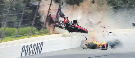  ?? TWITTER ?? Frame grabs from the telecast of the IndyCar race at Pocono, where Canadian driver Robert Wickens’ car crashed hard into fencing. Wickens was airlifted to hospital and was facing spinal surgery Monday night.