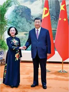  ?? Photo: ?? Xi Jinping, general secretary of the Communist Party of China Central Committee and Chinese president, meets with Truong Thi Mai, a member of the Political Bureau of the Communist Party of Vietnam (CPV) Central Committee, permanent member of the CPV Central Committee Secretaria­t and head of the Organizati­on Commission of the CPV Central Committee, in Beijing, capital of China, April 26, 2023.