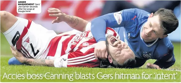  ??  ?? ANGER MANAGEMENT Gers’ Joe Garner seconds after his lunge at Dougie Imrie