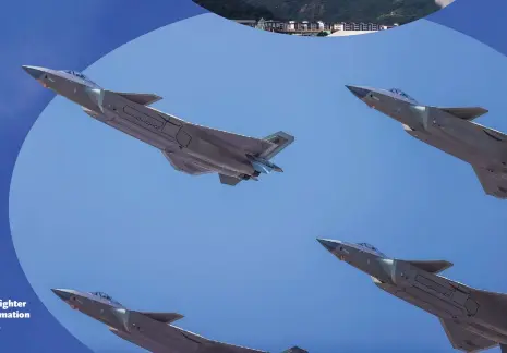 ?? ?? ▶ Four J-20 stealth fighter jets in a diamond formation soar through the sky.