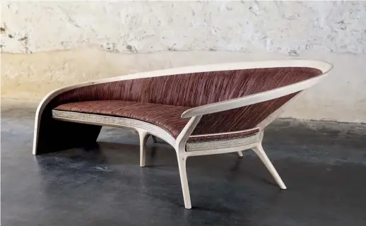  ??  ?? Above — The chaise lounge addresses Goulder’s dislike of the rigid formality of the Victorian chaise. It features handwoven leather by Liz Williamson.