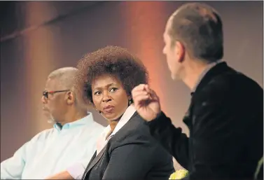  ?? Picture: DANIEL BORN/ DAILY MAVERICK ?? GLOVES OFF: Dr Makhosi Khoza on stage at the Daily Maverick discussion