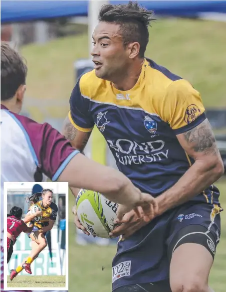  ??  ?? Josh Walker in action for Bond University in rugby sevens and (inset) sister Brooke.. Main picture: QRU/BRENDAN HERTEL