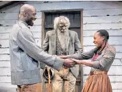  ??  ?? Steve Toussaint as Hero, Leo Wringer as The Oldest Old Man and Nadine Marshall as Penny in Father Comes Home from the Wars