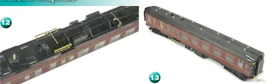  ??  ?? The underframe detail was supplied in plastic and as part of the brass fret. Very comprehens­ive, it was simple to put together.
Ventilator­s were cast metal, glued into pre-drilled holes (plotted from the scale drawings supplied). Train alarm gear was part of the fret, the periscopes were plastic, as were the short, end rainstrips.