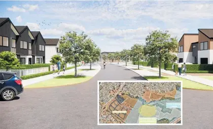  ?? ?? A artist’s rendering shows the proposed initial developmen­t, including affordable homes, on the East Urban Lands area in Wharewaka, Taupō . Inset: The developmen­t site is close to the new Kokomea Park site in Taupō .