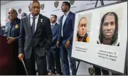  ?? (AP/Houston Chronicle/Brett Coomer) ?? Houston Police Chief Troy Finner (left) and Mayor Sylvester Turner announce an arrest in connection with the fatal shooting of Kirsnick Khari Ball, commonly known as Migos rapper Takeoff, during a news conference on Friday in Houston.