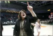  ?? LYNNE SLADKY - THE ASSOCIATED PRESS ?? Quinnipiac head coach Tricia Fabbri reacts after a second round game in the NCAA women’s college basketball tournament against Miami, Monday in Coral Gables, Fla. Quinnipiac won 85-78.
