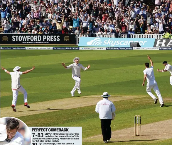  ??  ?? Running amok: England players celebrate wildly after Steven Finn claims his second wicket in two balls to dismiss Adam Voges