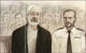  ?? AP/ELIZABETH COOK ?? Julian Assange (left) is depicted in this sketch as he appears Wednesday at Southwark Crown Court in London.