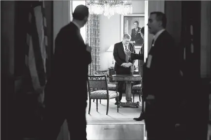  ?? ERIN SCHAFF / THE NEW YORK TIMES ?? William Barr, President Donald Trump’s nominee to serve as attorney general, visits in the office of Senate Majority Leader Mitch Mcconnell, R-KY., Thursday on Capitol Hill. Barr’s expansive views of executive power may soon serve a president not known for self-restraint.