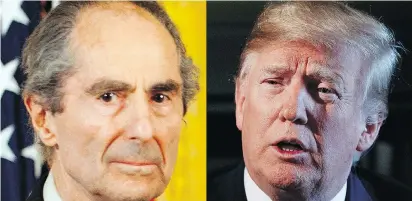  ??  ?? U.S. novelist Philip Roth, left, with his 2004 book The Plot Against America, was writing about the 1940s, but he could have been describing today’s America under President Donald Trump.