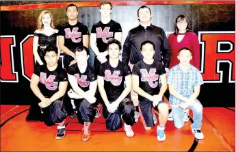  ?? RICK PECK/SPECIAL TO MCDONALD COUNTY PRESS ?? McDonald County High School recently recognized senior members of its 2017-2018 wrestling team. The team includes Kevin Sackryas (front, left), Jakob Gerow, Jaw Di, Adrian Ocampo, Erin Yang and manager, Hailey Knadle; (back, left), Wilson Menas, Timber...