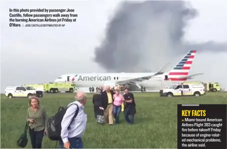  ?? | JOSE CASTILLO/ DISTRIBUTE­D BY AP ?? In this photo provided by passenger Jose Castillo, fellow passengers walk away from the burning American Airlines jet Friday at O’Hare.