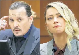  ?? AP ?? This combinatio­n of photos shows Johnny Depp testifying at the Fairfax County Circuit Court in Fairfax, Virginia, on April 21, and Amber Heard testifying in the same courtroom on May 26.