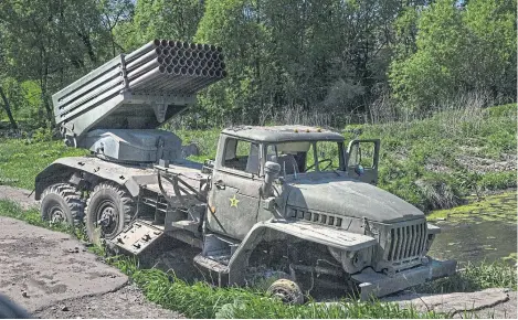  ?? ?? A damaged Russian BM-21 Grad rocket launcher left behind at the recently-liberated Ruska Lozova, near Kharkiv.