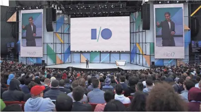  ?? JUSTIN SULLIVAN, GETTY IMAGES ?? Google CEO Sundar Pichai delivers the keynote address at the Google I/O 2017 Conference.