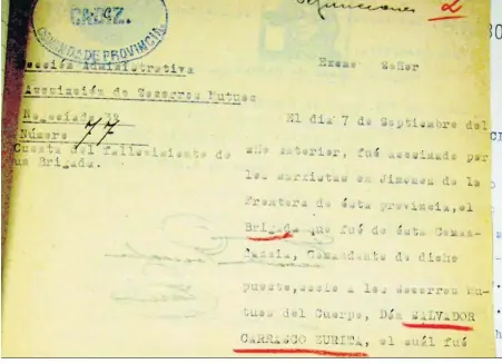  ??  ?? Oficio dando cuenta del asesinato del brigada de la Guardia Civil Salvador Carrasco Zurita.