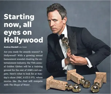  ?? LLOYD BISHOP/NBC ?? NBC’s “Late Night” host Seth Meyers will keep the Golden Globe Awards spinning Sunday.