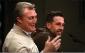  ?? ARIC CRABB — BAY AREA NEWS GROUP ?? Niners general manager John Lynch, left, and head coach Kyle Shanahan take part in a press conference on Wednesday in Santa Clara.