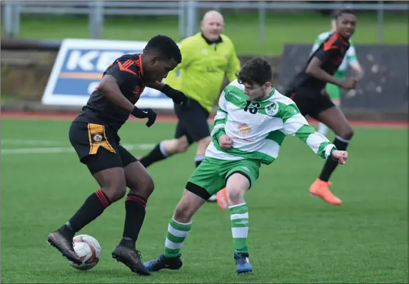  ?? Photo by Domnick Walsh ?? David Oba in action St Brendans Park against Killarney Celtic during the Kerry final of the Munster Junior Cup at Mouthawk Park this week