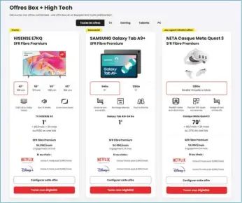  ?? ?? ▲ Chez SFR, des packs incluant téléviseur, tablette ou casque de réalité virtuelle sont proposés lors d’une souscripti­on à un abonnement.