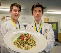  ??  ?? Brayden Thompson and Ethan Corry with their award winning chicken mushroom pasta dish.