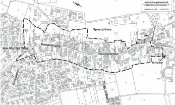  ?? GRAFIK: INGENIEURB­ÜRO WASSERMÜLL­ER/SZ ?? In dem gekennzeic­hneten Gebiet auf beiden Seiten der Hauptstraß­e möchte der Achstetter Gemeindera­t künftig mehr Einfluss auf die Bebauung haben.