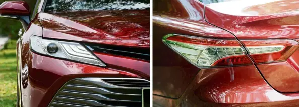  ??  ?? Camry gets distinctiv­e-looking headlamps with lEd daytime running lights. (right) The tail light has a 3d look.