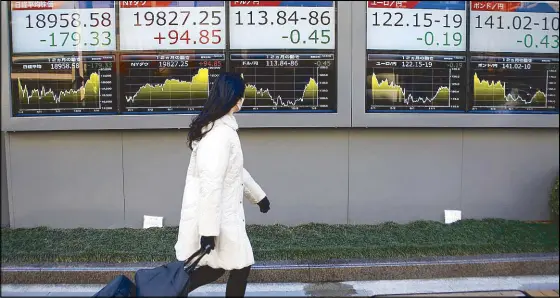  ?? – Reuters ?? A woman walks past electronic board showing stock prices and Japanese yen’s exchange rate outside a brokerage at a business district in Tokyo.