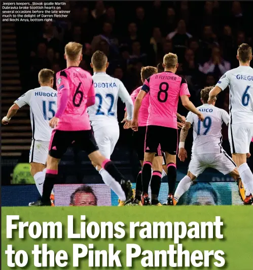  ??  ?? Jeepers keepers...Slovak goalie Martin Dubravka broke Scottish hearts on several occasions before the late winner much to the delight of Darren Fletcher and Ikechi Anya, bottom right